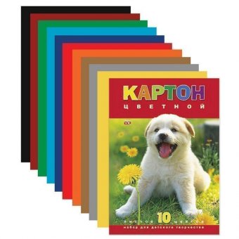 Картон цветной А4 МЕЛОВАННЫЙ, 10 листов 10 цветов, в папке, HATBER VK, 195х290 мм, "Белый щенок", 10Кц4 03414,