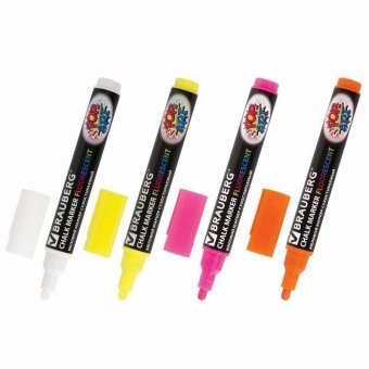 Маркеры меловые BRAUBERG "POP-ART", НАБОР 4 шт, сухостираемые, для гладких поверхностей, 5 мм, АССОРТИ, 151535
