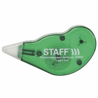 Корректирующая лента STAFF, 5 мм х 3 м, корпус зеленый, с подкручиванием, блистер, 226810