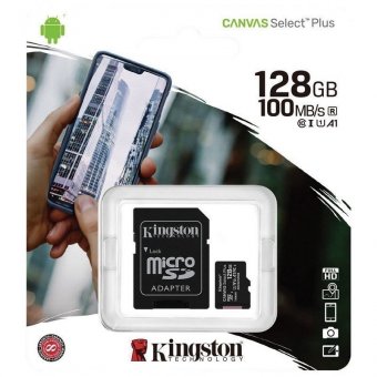 Карта памяти microSDXC 128 GB KINGSTON Canvas Select Plus UHS-I U1,100 Мб/с (class 10), адаптер, SDCS2/128 GB,