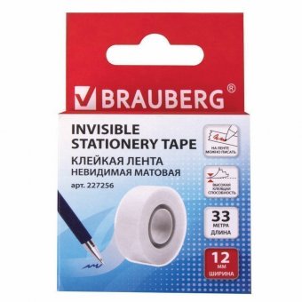 Клейкая лента 12 мм х 33 м НЕВИДИМАЯ, BRAUBERG, матовая, европодвес, 227256