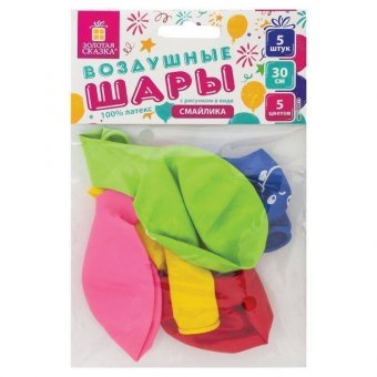 Шары воздушные ЗОЛОТАЯ СКАЗКА, 12" (30 см), КОМПЛЕКТ 5 штук, ассорти 5 цветов, с рисунком "Смайл", пакет, 1050