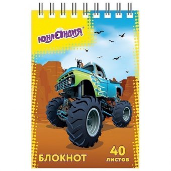 Блокнот МАЛЫЙ ФОРМАТ (75х105 мм) А7, 40 л, гребень, картон, клетка, ЮНЛАНДИЯ, "МОНСТР-ТРАК"/"ФУТБОЛ", 129859