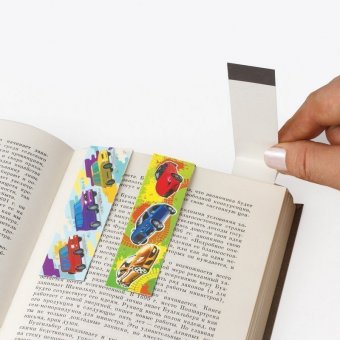 Закладки для книг с магнитом МАШИНЫ, набор 6 шт, блестки, 25x196 мм, ЮНЛАНДИЯ, 129619