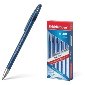 Ручка стираемая гелевая ERICH KRAUSE "R-301 Magic Gel", СИНЯЯ, корпус синий, узел 0,5 мм, линия письма 0,4 мм,