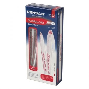 Ручка шариковая масляная PENSAN "Global-21", КРАСНАЯ, корпус прозрачный, узел 0,5 мм, линия письма 0,3 мм, 222