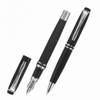 Набор ручек подарочных BRAUBERG Duetto, СИНИЕ, 2 шт: шариковая, перьевая, черный с хромированными деталями, 14