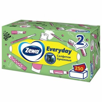 Салфетки косметические 2-слойные в картонном коробе, 250 штук, ZEWA Everyday, 8679