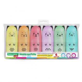 Набор текстовыделителей мини 6 ЦВЕТОВ BRAUBERG KIDS "CUTE CATS PASTEL", линия 1-5 мм, 152436