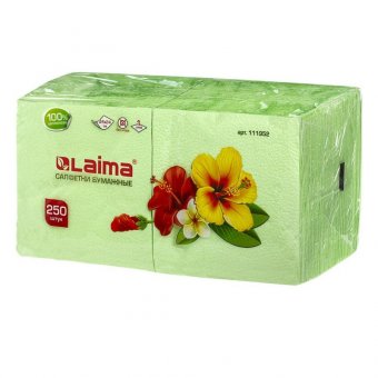 Салфетки бумажные, 250 шт., 24х24 см, LAIMA/ЛАЙМА, зеленые (пастельный цвет), 100% целлюлоза, 111952