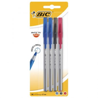 Ручки шариковые с грипом BIC "Round Stic Exact", НАБОР 4 шт./3 ЦВЕТА (синий, черный, красный), линия письма 0,
