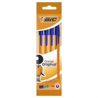 Ручки шариковые BIC "Orange Original Fine", НАБОР 4 шт., СИНИЕ, узел 0,8 мм, линия письма 0,3 мм, пакет, 83085