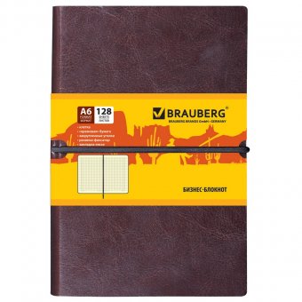 Бизнес-блокнот BRAUBERG (БРАУБЕРГ) А6, 100х150 мм, "Western", гладкая кожа, резинка, клетка, 128 л., коричневы