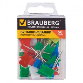 Булавки-флажки маркировочные BRAUBERG (БРАУБЕРГ), цветные, 50 шт., пластиковая коробка, европодвес