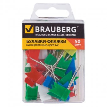 Булавки-флажки маркировочные BRAUBERG (БРАУБЕРГ), цветные, 50 шт., пластиковая коробка, европодвес