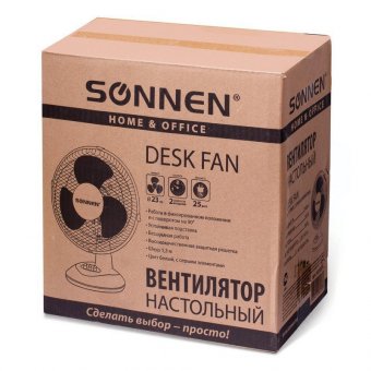 Вентилятор настольный SONNEN TF-25W-23, d=23 см, 25 Вт, на подставке, 2 скоростных режима, белый/Серый
