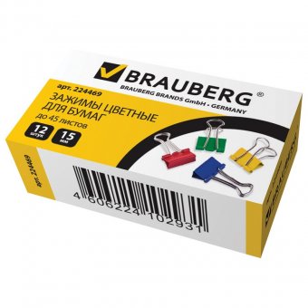 Зажимы для бумаг BRAUBERG (БРАУБЕРГ), комплект 12 шт., 15 мм, на 45 л., цветные, в картонной коробке