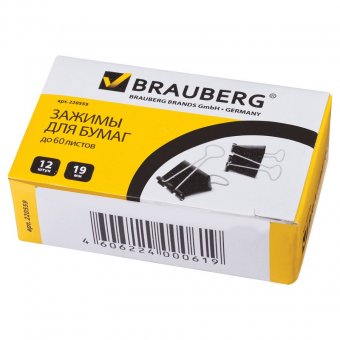 Зажимы для бумаг BRAUBERG (БРАУБЕРГ), комплект 12 шт., 19 мм, на 60 л., черные, в картонной коробке