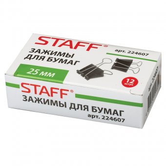 Зажимы для бумаг STAFF, эконом, комплект 12 шт., 25 мм, на 100 листов,черные, в картонной коробке