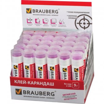 Клей-карандаш BRAUBERG (БРАУБЕРГ), 9 г, обесцвечивающийся, цветной