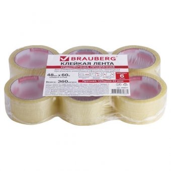 Клейкие ленты 48 мм х 60 м, упаковочные, BRAUBERG (БРАУБЕРГ), комплект 6 шт., прозрачные