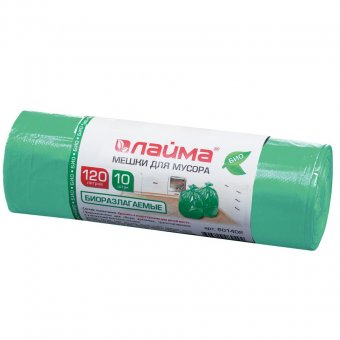 Мешки для мусора 120 л ЛАЙМА БИО, комплект 10 шт., рулон, ПНД, прочные, 70х110 см, 17 мкм, зеленые