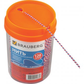 Нить BRAUBERG  х/б для прошивки документов, диаметр 1,6 мм, длина 120 м, в диспенсере, "Триколор"