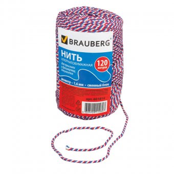 Нить BRAUBERG  х/б для прошивки документов, диаметр 1,6 мм, длина 120 м, сменный блок, "Триколор"