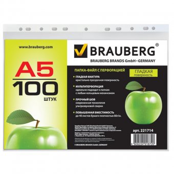 Папки-файлы перфорированные BRAUBERG, комплект 100 шт., А5, вертикальные, гладкие, яблоко, 0,035 мм
