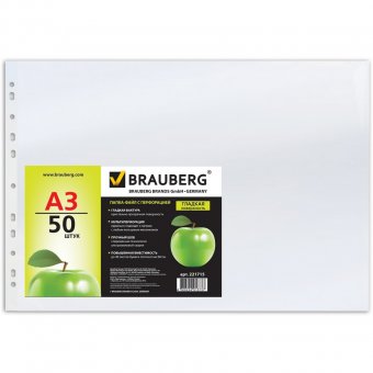 Папки-файлы перфорированные BRAUBERG, комплект 50 шт., А3, гладкие, яблоко, 0,045 мм