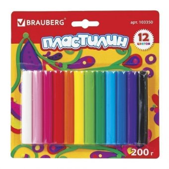 Пластилин BRAUBERG, 12 цветов, 200 г, в блистере, высшее качество, Таиланд