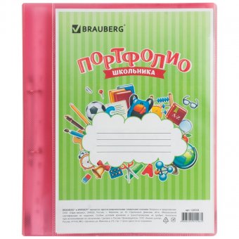 Портфолио ШКОЛЬНИКА BRAUBERG папка на 2 кольцах, 20 вкладышей, красная, полупрозрачная