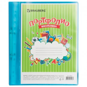Портфолио ШКОЛЬНИКА BRAUBERG папка на 2 кольцах, 20 вкладышей, синяя, полупрозрачная