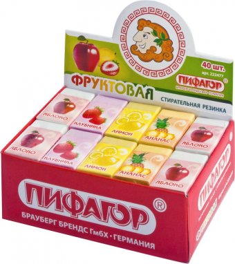 Резинка стирательная ПИФАГОР "Фруктовая", ароматизированная, в картонном держателе, 35х21х9 мм, ассорти