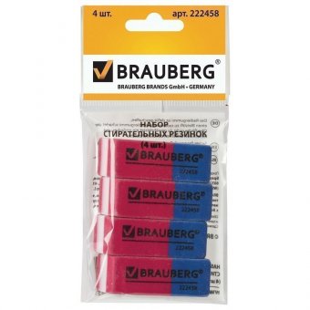 Резинки стирательные BRAUBERG "Assistant 80" (БРАУБЕРГ "Ассистент 80"), набор 4 шт., 41х14х8 мм, красно-синие,