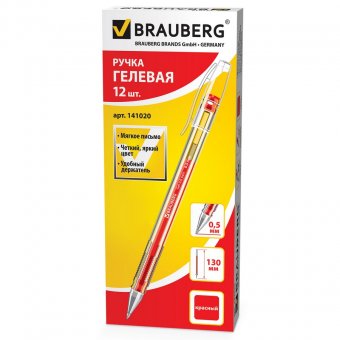 Ручка гелевая BRAUBERG "Jet", корпус прозрачный, толщина письма 0,5 мм, красная