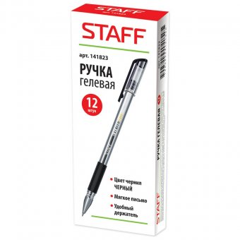 Ручка гелевая STAFF эконом, корпус прозрачный, резиновый держатель, черная