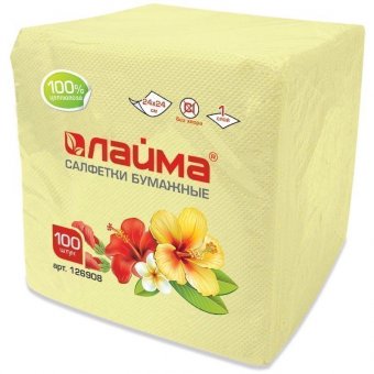 Салфетки ЛАЙМА, 24х24 см, 100 шт., жёлтые (пастель), 100% целлюлоза