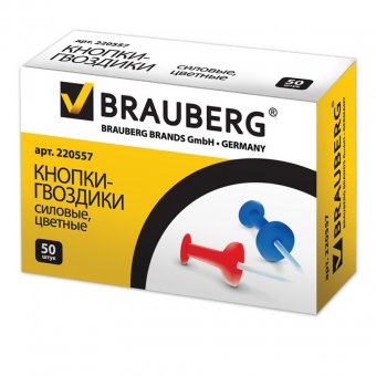 Силовые кнопки-гвоздики BRAUBERG, цветные, 50 шт., в картонной коробке
