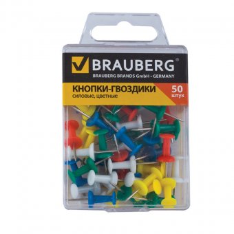 Силовые кнопки-гвоздики BRAUBERG, цветные, 50 шт., в пластиковой коробке
