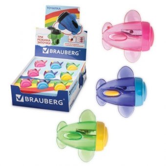 Точилка BRAUBERG "Jet", с контейнером, для чернографитных/цветных карандашей, в картонном дисплее, ассорти