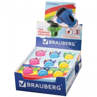 Точилка BRAUBERG "Jet", с контейнером, для чернографитных/цветных карандашей, в картонном дисплее, ассорти