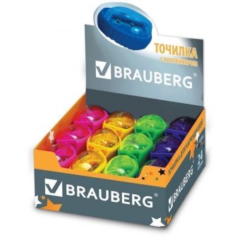 Точилка BRAUBERG "Shuttle" (БРАУБЕРГ "Шаттл"), с контейнером, эллиптическая, ассорти, в картонном дисплее