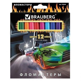 Фломастеры BRAUBERG "InstaRaСing", 12 цветов, вентилируемый колпачок, карт. упаковка, выборочный лак, увел. ср