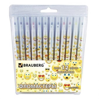 Фломастеры BRAUBERG "Смайлики", 12 цветов, вентилируемый колпачок, корпус с печатью, пласт. упак., увелич. сро